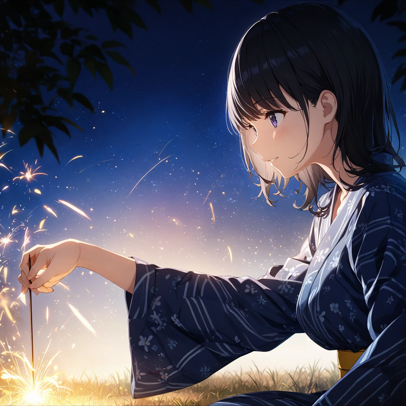 1girl、Black Hair、Indigo yukata、Yellow belt、squat、Sparkler、night、Illuminate the face、少女がしゃがんでSparklerの火を見つめる、deep faint light 、 detailed CG、high resolution