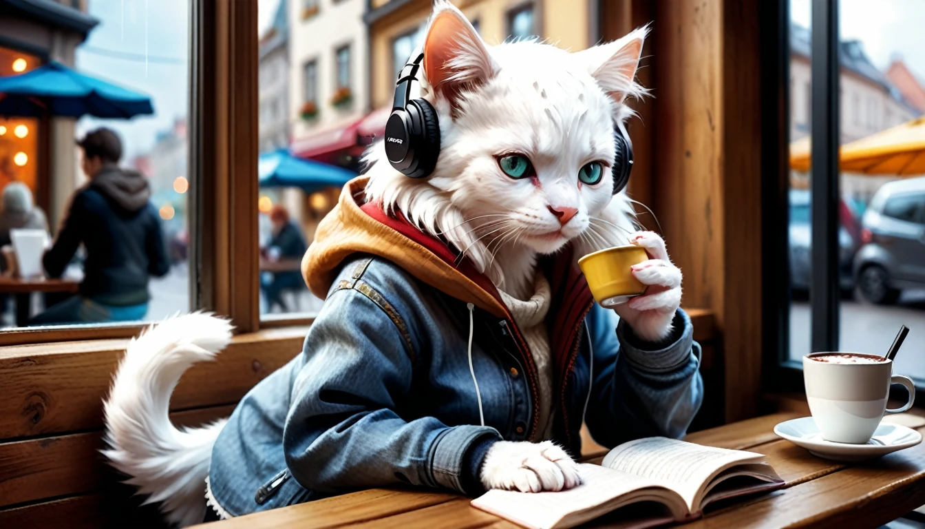 (photo cinematic), (((raining))), anthropomorphic, cute white kitten, casual clothes, sitting by the window in a cafe, drinking hot chocolate, listening to music on headphones, (reading a book), 2D, colorful, warm atmosphere, shiny, Jean-Baptiste Monge style, Alan Lee style