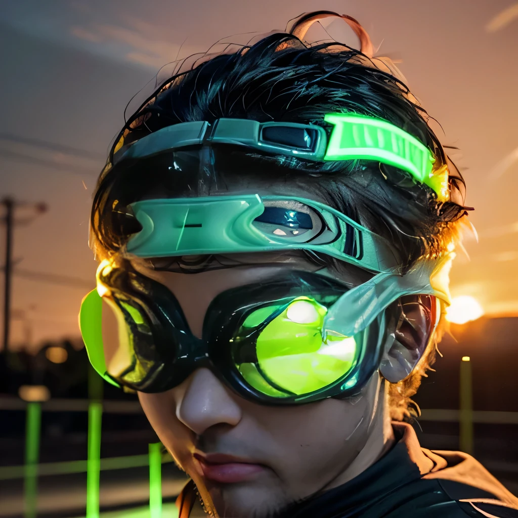 best quality, ultra-detailed, realistic, (1man), (black shirts:1.3), (fluorescent goggles:1.8), (looking at viewer:1.5), (sunset:1.3),