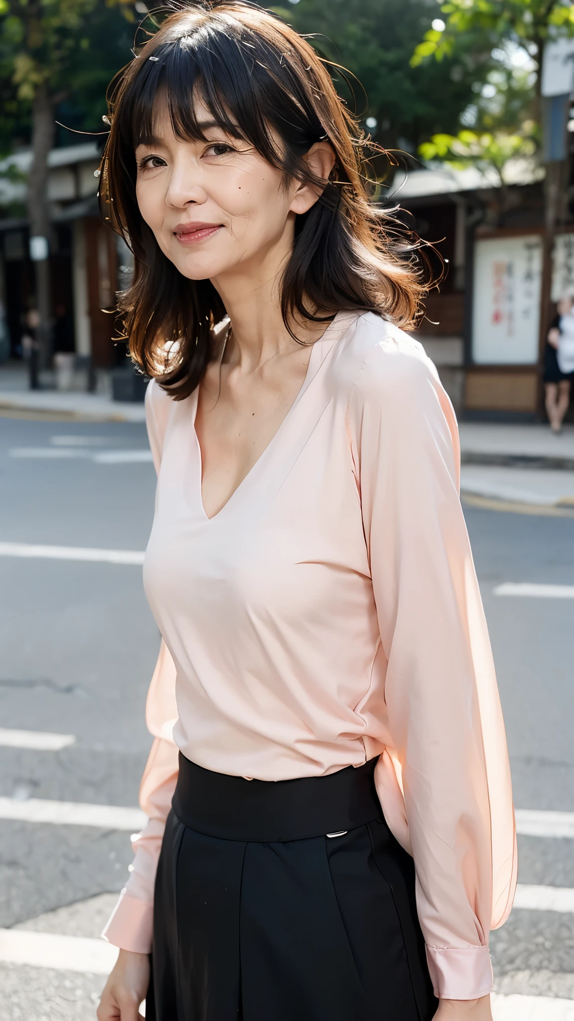 ((Highest quality)), ((8K)), ((masterpiece:1.3)), (Perfect look), (Photorealism:1.6), (A walking Japanese mature woman), (A Japanese Mature woman walking along a road lined with old Japanese houses), (Outdoors on a sunny day), (Blurred Background), (JMA, TI, PT), Japanese Mature, 62 years old, ((Realistic skin texture)), (Fine wrinkles all over the skin:1.3), (Dull skin:1.1), (Unmoisturized skin:1.2), (Facial wrinkles:0.9), (Wrinkles around the eyes:1.2), double eyelid, Tear bags on the lower eyelids, (Crying Mole:0.9), The eyes are watching me, Serious look, (Dimples on cheeks:1.2), (Short bangs:1.2), Curly hair, (Hair over the ears), Smiling with the corners of his mouth turned up, (Red blouse), (Black long skirt), Soft fabric blouse, (Wide-necked blouse: 1.4), (No sleeve), Long Skirt, Hair blowing in the wind, Small breasts, (Salmon pink lips), (Red high heels), (parasol), (Standing posture, Full body portrait),