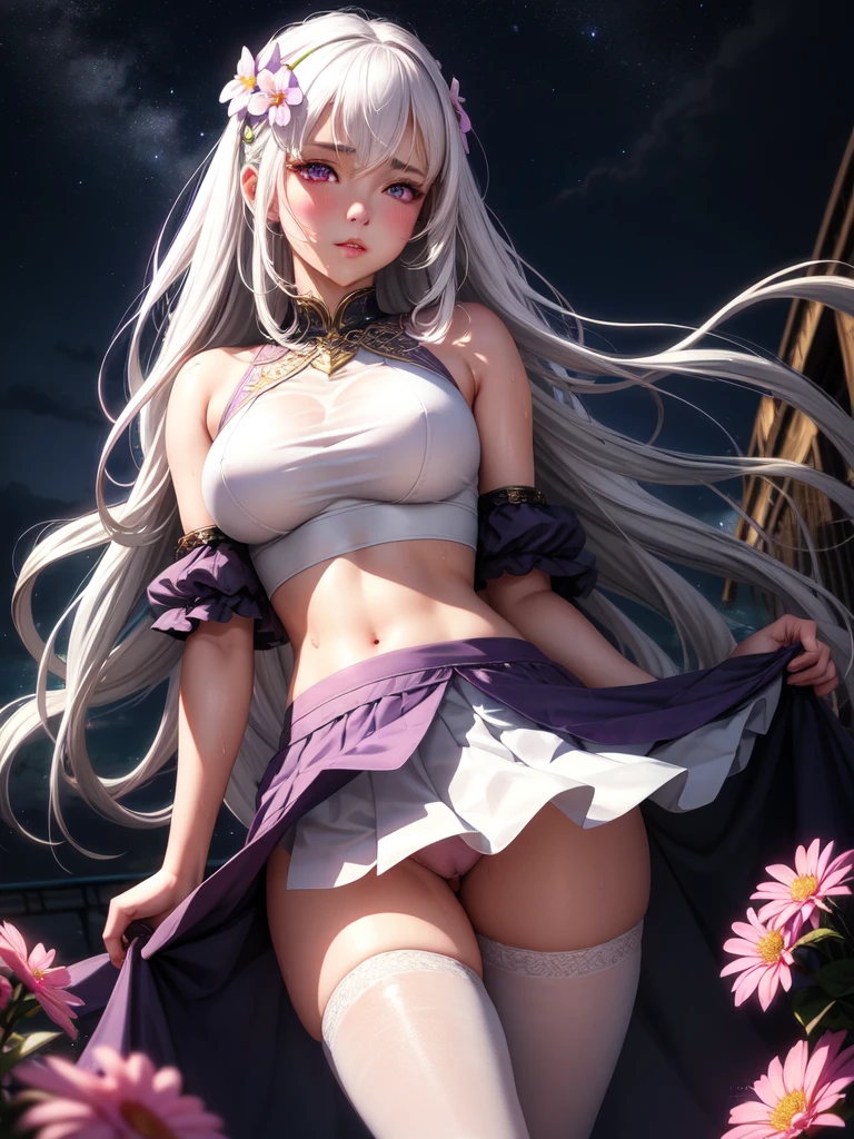 realistic, 1girl, white hair, purple eyes, glowing eyes, crop top, skirt, parted lips, blush, night, flowers, sun, sunlight, camel toe,wet,