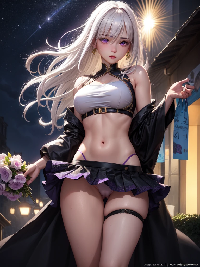 realistic, 1girl, white hair, purple eyes, glowing eyes, crop top, skirt, parted lips, blush, night, flowers, sun, sunlight, camel toe,wet,