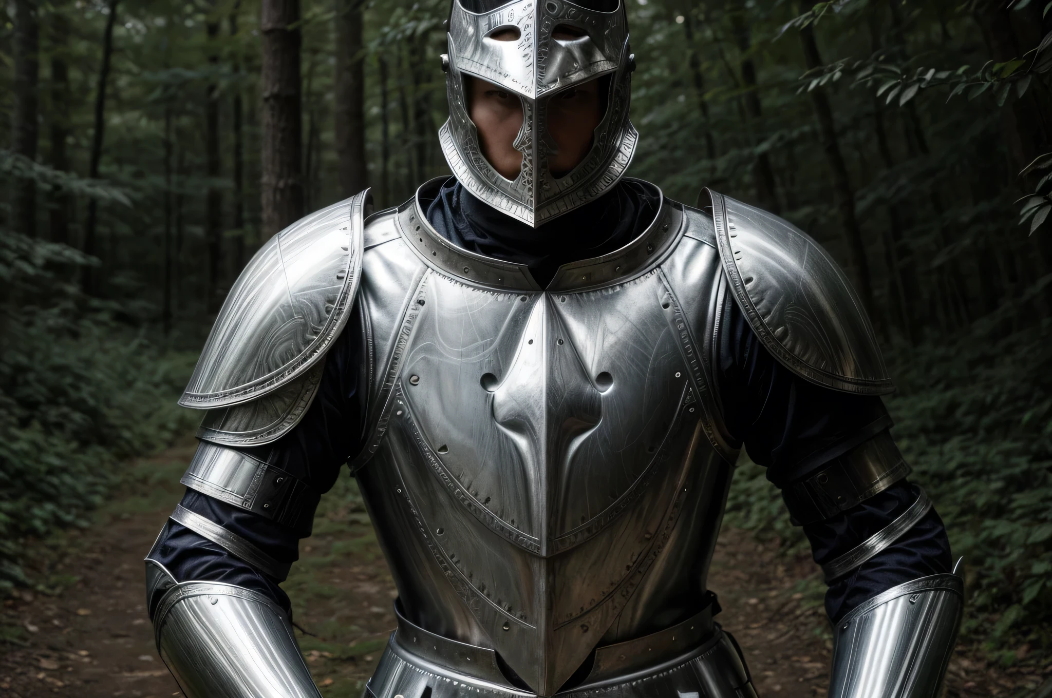 a young white male dressed in homemade tin foil knight outfit, knight, in the woods, detailed face, detailed armor, metallic armor, medieval, fantasy, dramatic lighting, cinematic, 4k, hyper detailed, photorealistic, vibrant colors, depth of field