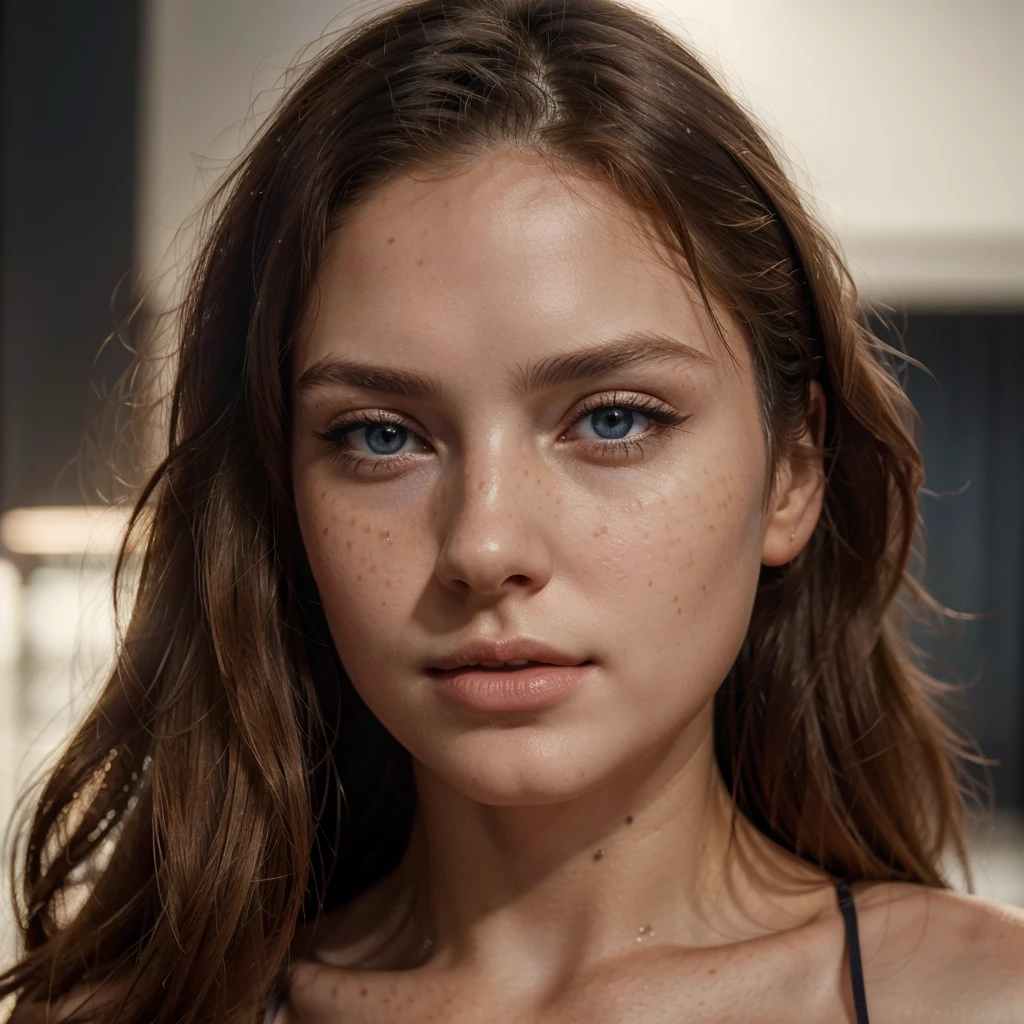 a beautiful woman with a square face, long wavy blonde hair, dark blue eyes, soft features, freckles on her cheekbones, a greek nose, and thin lips, wearing an elegant red semi-transparent nightgown, (best quality,8k,highres,masterpiece:1.2),ultra-detailed,(realistic,photorealistic,photo-realistic:1.37),intricate details, delicate skin, natural lighting, cinematic composition.