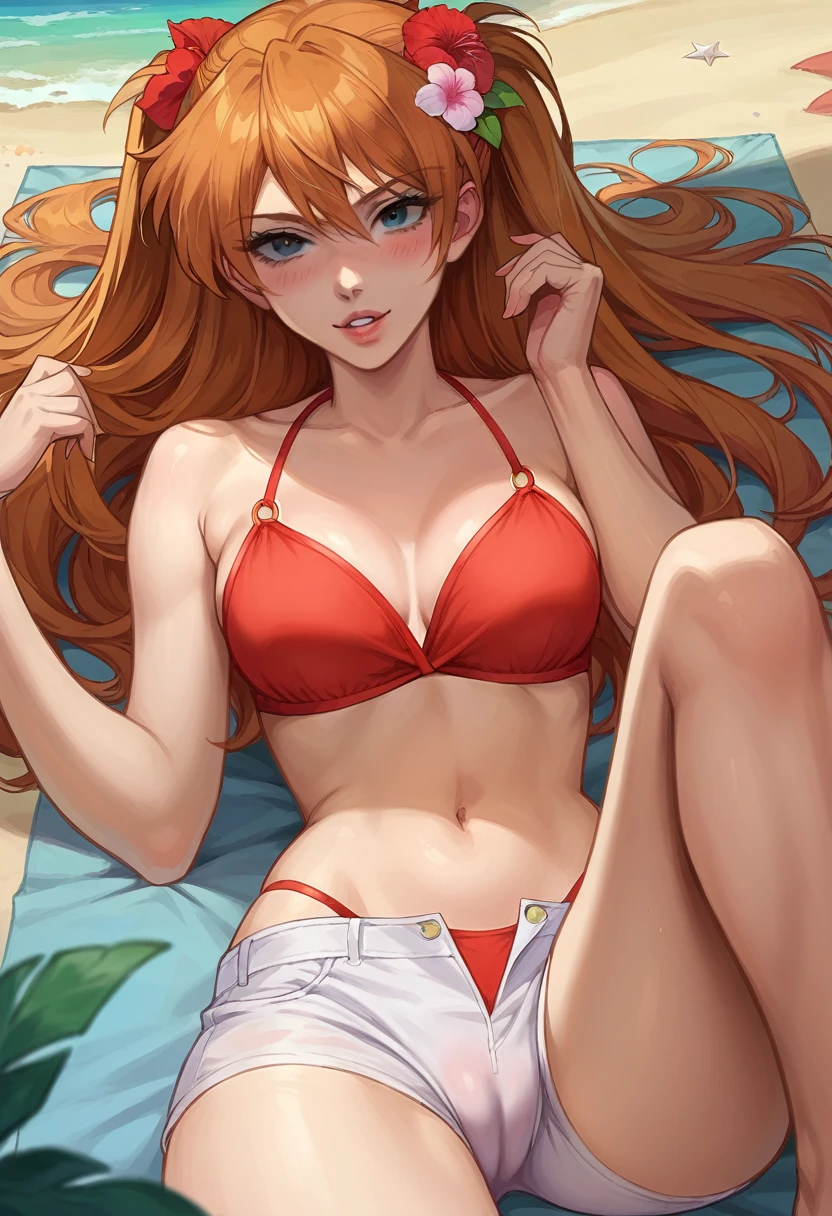 score_9, score_8_up, score_8_up, source_anime BREAK 1girl, solo, Asuka Langley Soryu, hair flower, hair ornament, flowing hair, cleavage, red bikini, white shorts, beach, outdoors, parted lips, naughty face, blush, looking at viewer, model poses, laying, cameltoe.