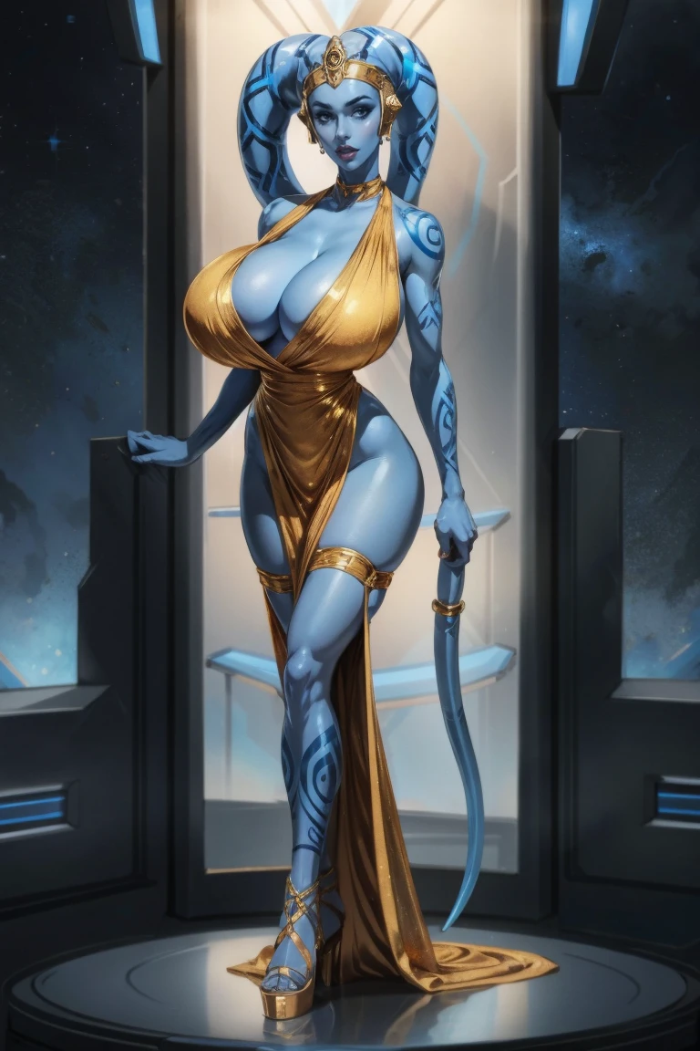 Tall Blue Skin Twi'lek with (huge breasts) wearing a tight short gold cocktail dress, short dress, high neck, sleeveless, (keyhole cleavage), tattoos, large natural breasts, cleavage, (tall, long legs), toned, slim hips, small waist, full-body shot