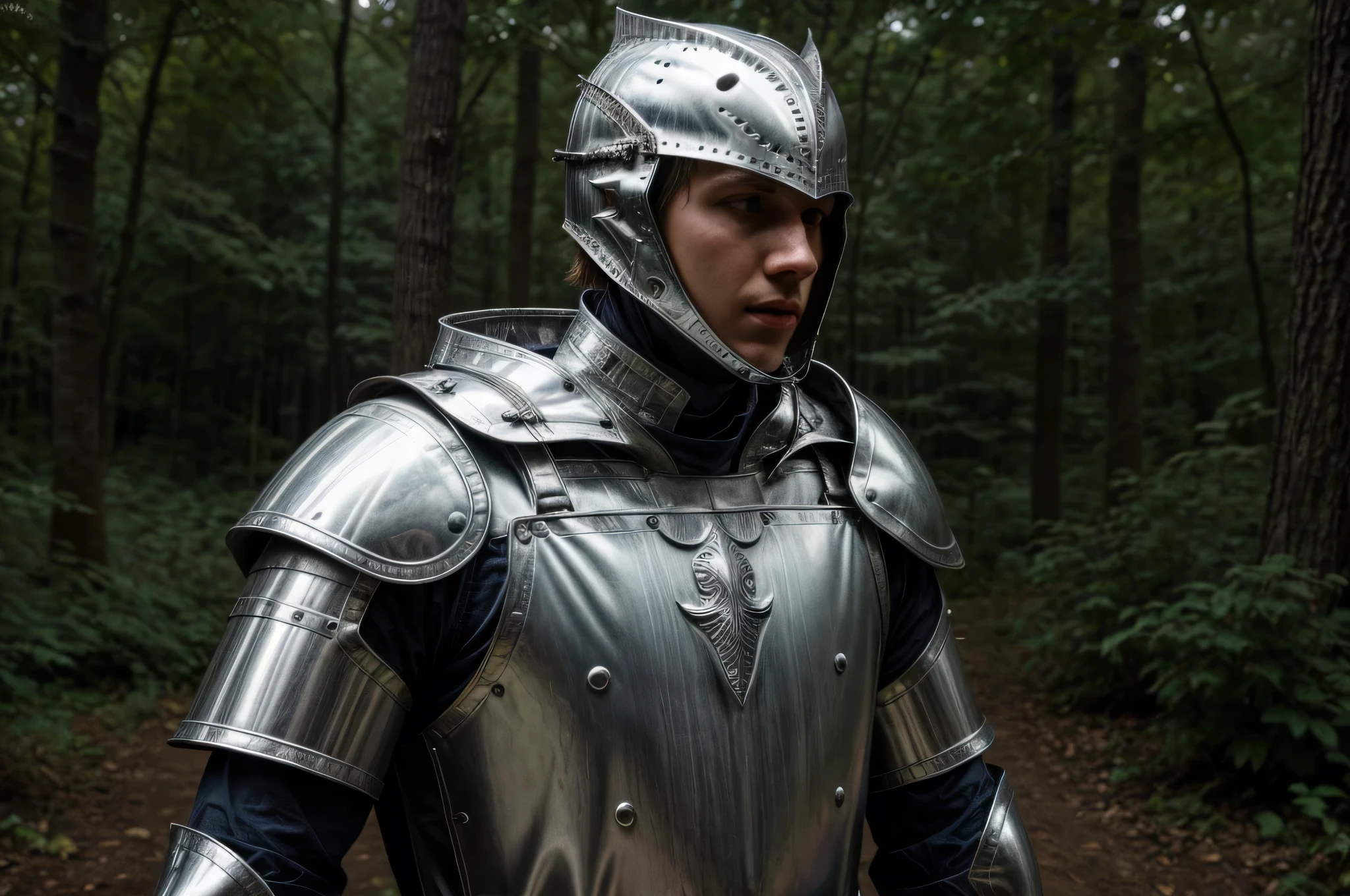 a young white male dressed in homemade tin foil knight outfit, knight, in the woods, detailed face, detailed armor, metallic armor, medieval, fantasy, dramatic lighting, cinematic, 4k, hyper detailed, photorealistic, vibrant colors, depth of field