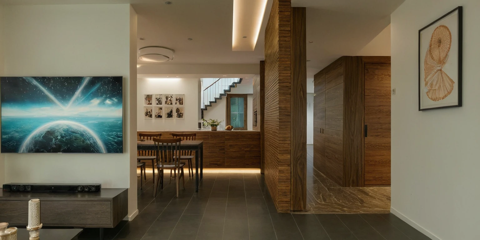 Raw photo, Masterpiece, high quality, best quality, authentic, super detail, interior, indoors,  style Indochine modern, minimalist line, wooden, walnut veneer wood, led light, white paint wall, sofa, daylight, atrium, LIVING ROOM, PEN HOUSE, 