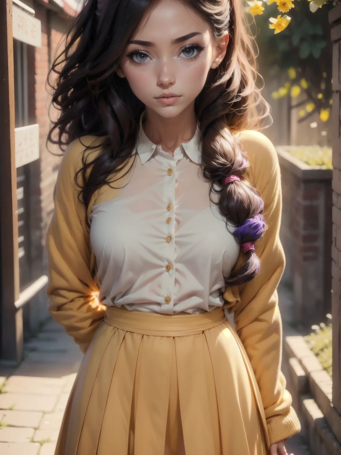 a anime girl with long hair and purple eyes, colorized photo by Rei Kamoi, trending on pixiv, remodernism, official art, ultra detailed, anime, beautiful detailed eyes, beautiful detailed lips, extremely detailed face, long eyelashes, portrait, digital painting, vibrant colors, warm lighting, cinematic composition, photorealistic, high quality, masterpiece, hyper detailed, 8k, best quality