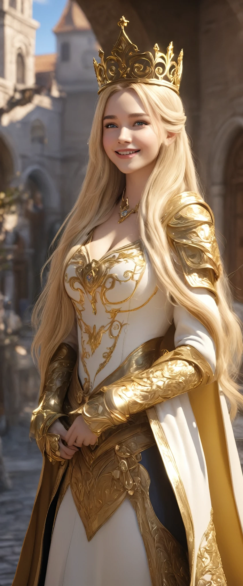 Once upon a time, live the beautiful princess, with golden armor and cloak, long blonde hairs, crown on the head, waiting someone for a love, she have beautiful smile, courtyards, full body, (Masterpiece), (best quality), (high quality), (extremely detailed) CG unity, 8k wallpaper, (cinematic angle)