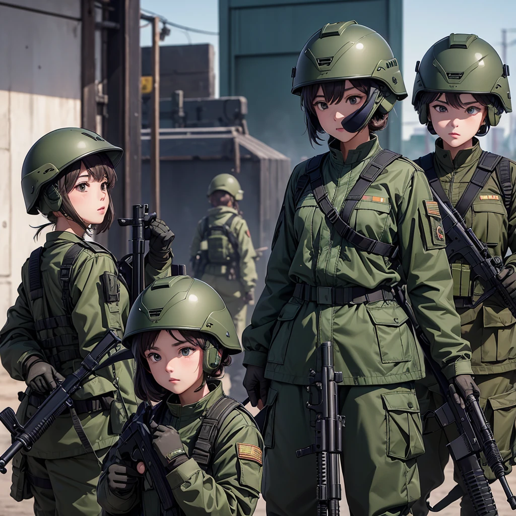 Four female soldiers combat shooting、Wearing a dark green jacket、Military Pants、Put on a helmet、wear gloves、with rifle in hands,Show only the upper thigh area。high resolution、best quality、8K picture quality
