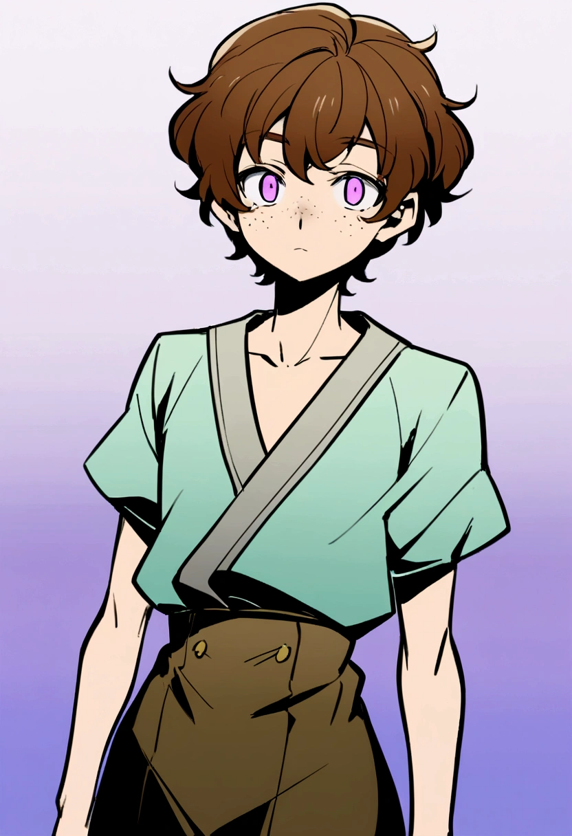 An anime style boy with somewhat messy short hair, brown hair but with lighter ends, lilac eyes, super light skin and many freckles on her face, that are very noticeable. Approximately 20 years, that can be seen from the waist up. With a semi-formal clothing style. With a slim silhouette and a thin waist