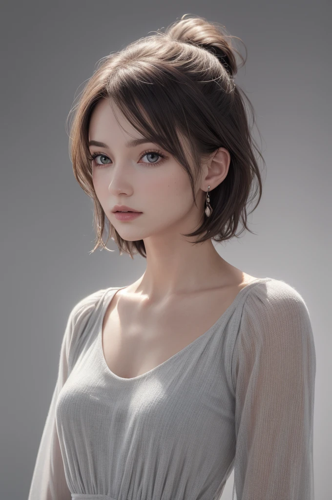 8K Ultra HD、RAWphotograph、モデルphotograph撮影、 European Fashion、(masterpiece、Highest quality、Realistic、High resolution、photograph:1.3)、close、focus on、Hot Model、slim、30 year old mature woman、Small face、No makeup、short hair、Beautiful dark brown Hayne eyes、Genuineスキン、(Perfect body)、Sexy hot face、erotic、sexual sight、slim、dress、Long sleeve、Hide your chest、Beautiful eyes in every detail、Glossy lips、Small breasts、Small breasts、((Bright light、Dynamic Lighting、Genuine、超Genuine、 realism、Genuineなディテール、Cool Beauty、Cool pose、Background gray、Plain gray background