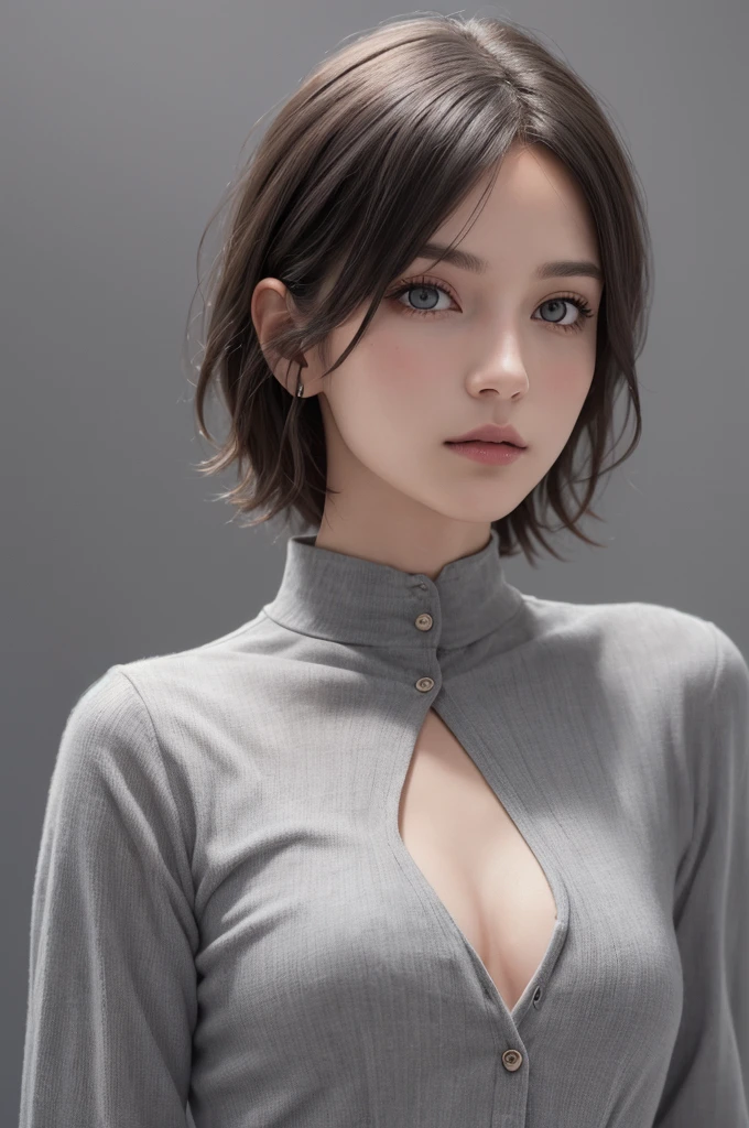 (masterpiece, highest quality),1 girl, alone, scarf, have, realistic, realistic, looking at the viewer, light colored black eyes, Brunette short bob hair with highly detailed shiny hair, short bob hair:1.6、Winter clothes, Whity, lips, bangs, outdoor, closed mouth, Upper body、Big eyes、eyelash、((There&#39;There&#39;There&#39;There&#39;There&#39;There&#39;There&#39、very simple light blue background:1.8))、(((short hair with bangs、Big eyes、big and full chest、look at the audience、beautiful beauty、show me your ears、long neck、smile、please close your mouth and smile)))、ideal body proportions、（Tree-lined avenues in the winter wilderness of England）、{Huge|big|huge|mega} chest, cleavage