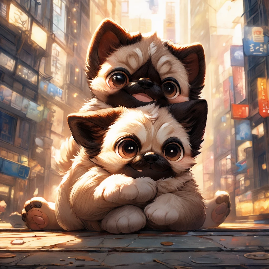 In the city、1 Pug puppy、（（（Round black fur on forehead）））、（（（smile:3.0）））