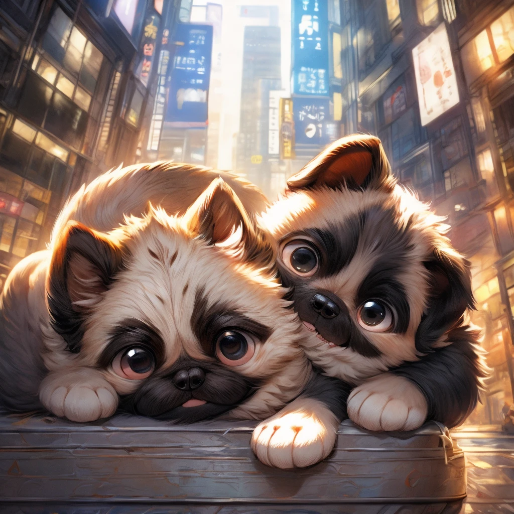 In the city、1 Pug puppy、(((Round black fur on forehead)))、(((smile:3.0)))