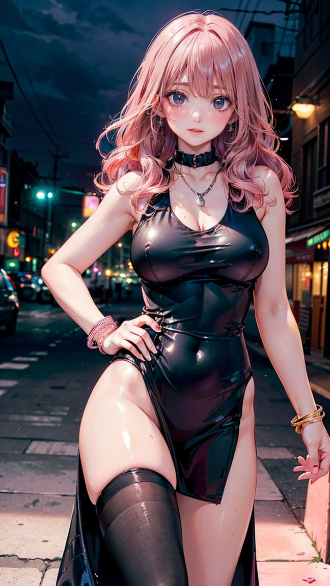 (Masterpiece, BestQuality:1.3), (ultra detailed:1.2), (hyperrealistic:1.3), (RAW photo:1.2), High detail RAW color photo, professional photograph, (Photorealistic:1.4), (realistic:1.4), (Pink Hair:1.5), professional lighting, perfect anatomy, (Big Breasts:1.2), (blush, detailed face), (A happy smile:1.7), Trending Hair&Trending Hairカラーをランダムに, earrings, necklace, bracelet, sexly, erotic sexly, Random sexy gravure poses, (Sexy beauty in a black slit dress、Night city neon lights in the background、Wavy long hair、A seductive smile、Standing with one foot in front。:1.3)