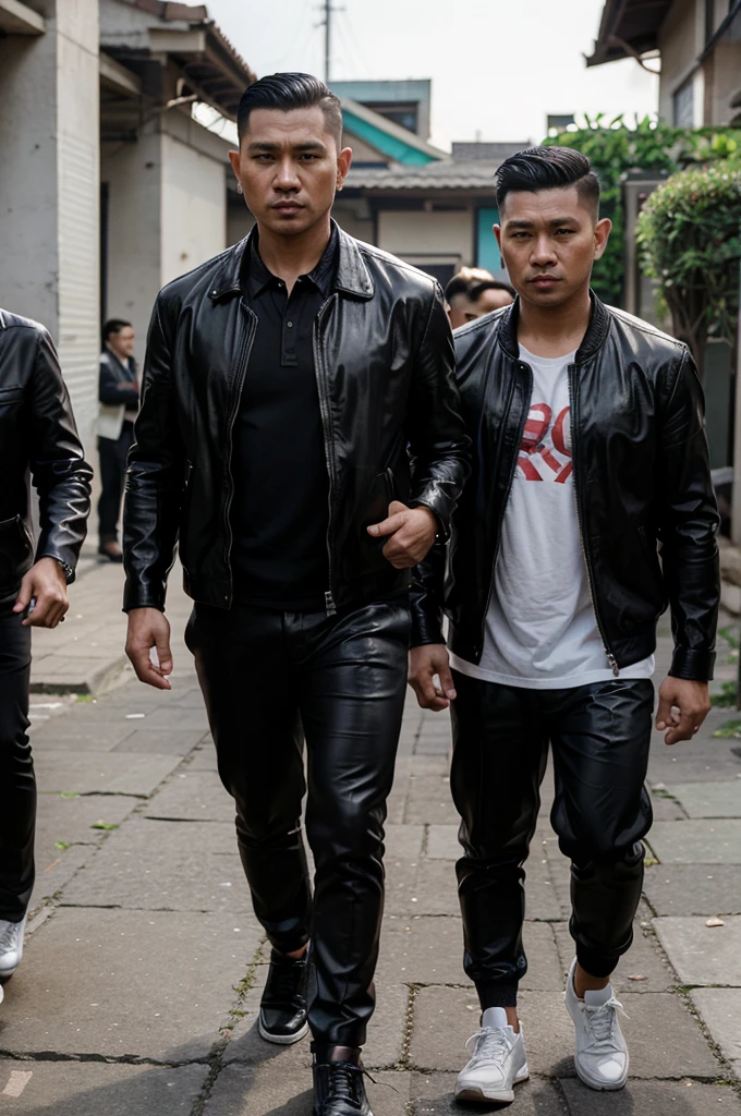 A handsome 35 year old Indonesian mafia boss is walking with his handsome 3  boy, wearing a shiny black leather jacket, Undercut hair is combed neatly, background of a group of mafia people, real photo, clear photo, professional photo, full HD, 4k 