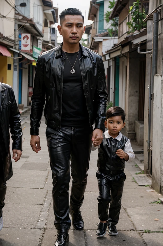 A handsome 35 year old Indonesian mafia boss is walking with his handsome 3 year old boy, wearing a shiny black leather jacket, Undercut hair is combed neatly, background of a group of mafia people, real photo, clear photo, professional photo, full HD, 4k 