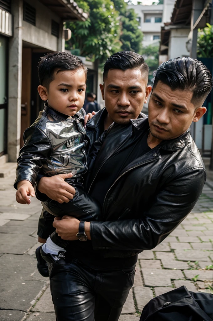 A handsome 35 year old Indonesian mafia boss is walking with his handsome 3 year old boy, wearing a shiny black leather jacket, Undercut hair is combed neatly, background of a group of mafia people, real photo, clear photo, professional photo, full HD, 4k 