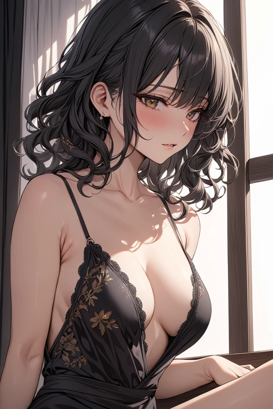 masterpiece,best quality,ultra detailed ,1girl ,black hair ,medium hair ,wavy hair ヌード 金の入れ墨