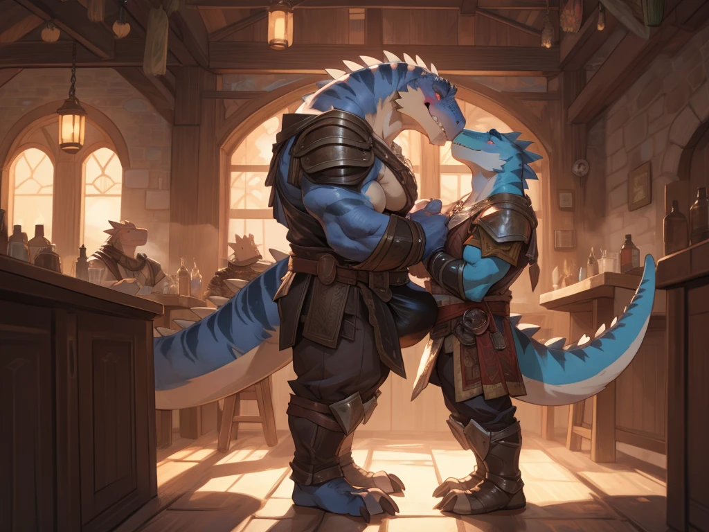 , male, standing, fantasy armor, fantasy town, cillage, tavern, tyrannosaurus, dinosur, carnivore, huge sharp teeth, massive, enormous, tall, huge, wide, thick, buff, giant biceps, huge pecs, muscular, big bulge, by bebebebebe, smirking, smug expression, big tail, thick tail, evil grin, erection, by darkgem, steam, sweat, kissing, kiss, blushing, blush, bashful