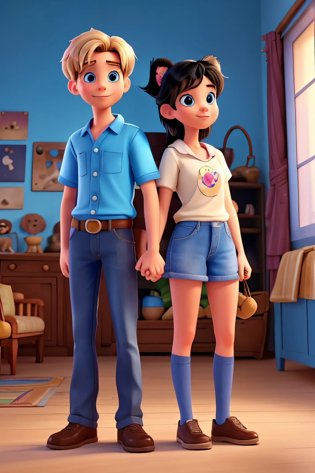 disney pixar style couple, high quality. the girl who is blonde with blue eyes and the boy with black hair. With a Chihuahua dog 