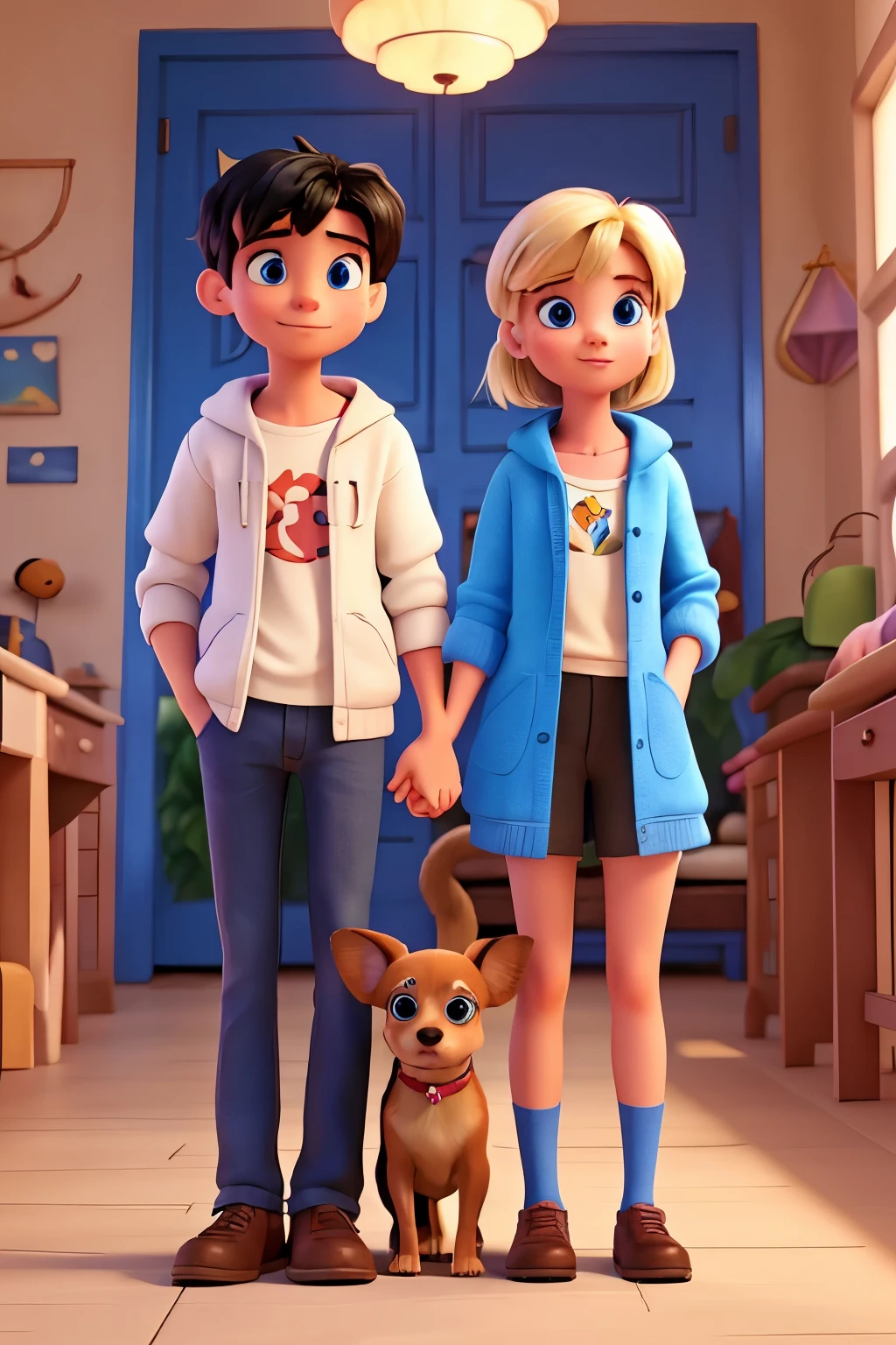 disney pixar style couple, high quality. the girl who is blonde with blue eyes and the boy with black hair. With a Chihuahua dog