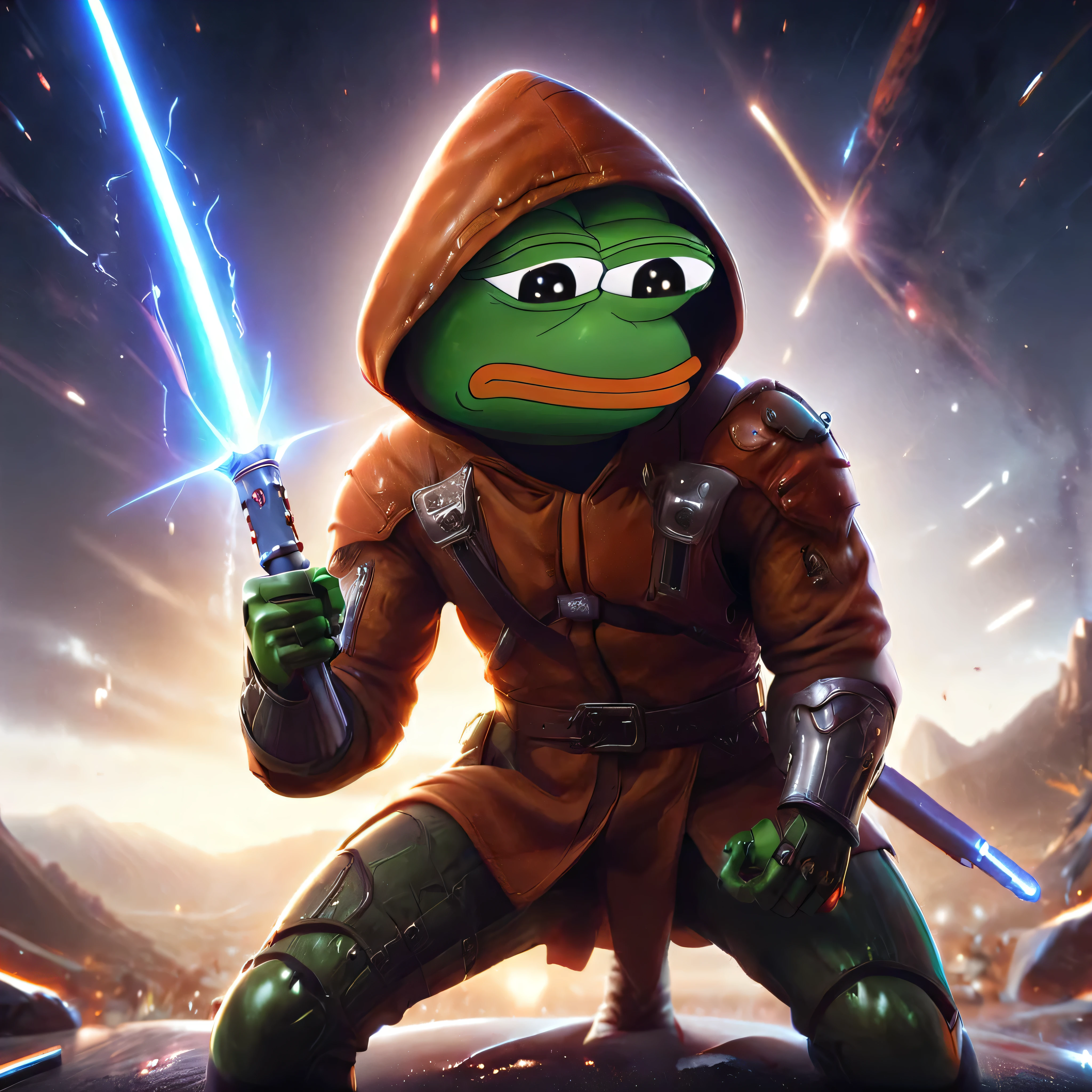 a hooded pepe the frog, holding a glowing saber in a fighting stance, saving the universe, highly detailed, cinematic lighting, epic sci-fi scene, vibrant colors, dramatic composition, photorealistic, 8k, HDR, unreal engine, award winning digital art