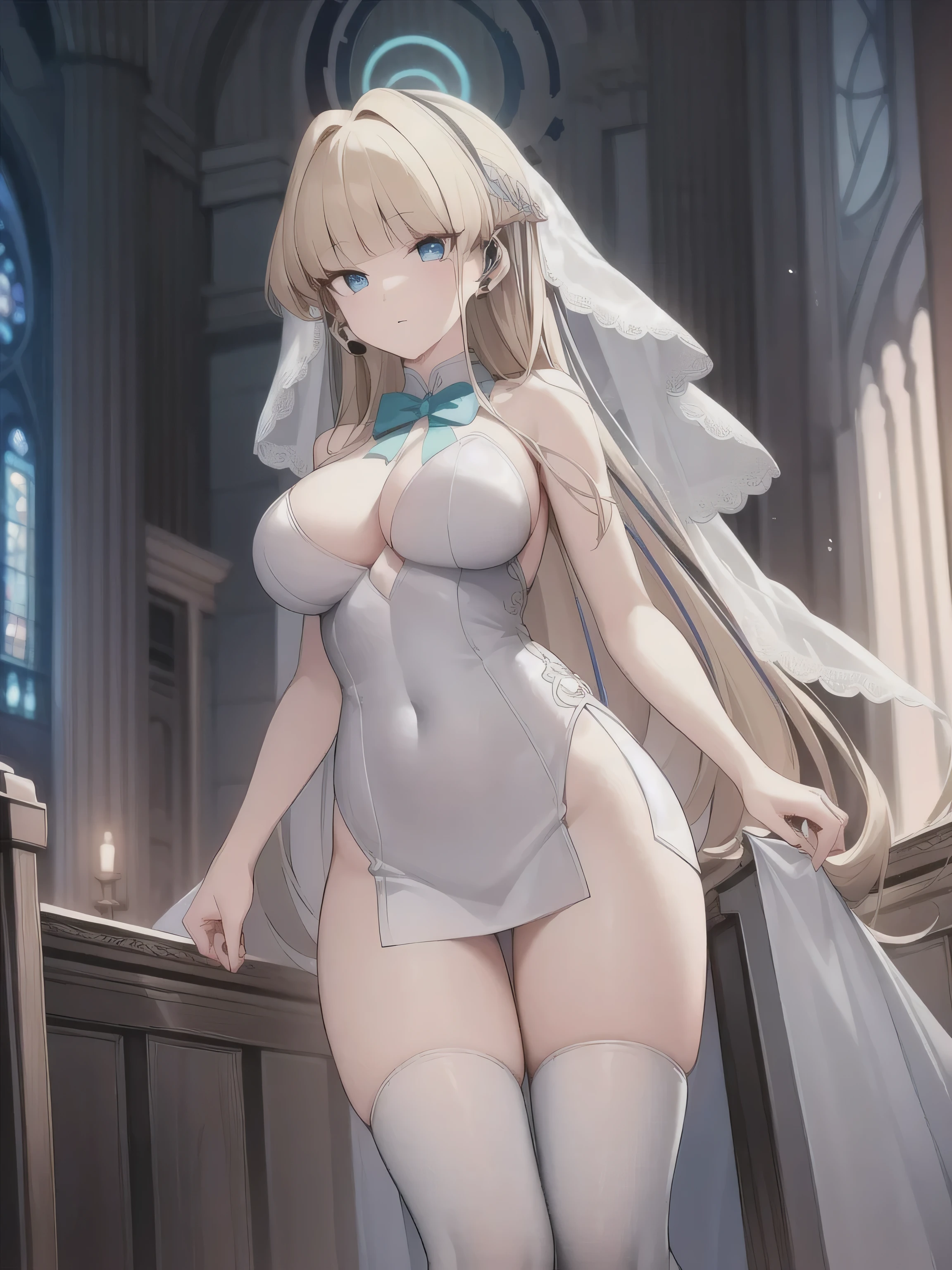 A girl，long hair, bangs, s hair, hair between eyes, s eyes，blue eyes:（1.5),  (Large Breasts:1.2), 
rest clavicle, Wedding dress，Veil，wedding，White dress，Flowers，Broken skirt，White socks，Tights，White knee socks，Boots looking at viewer, whole body,
indoors, church，Standing，Standing，
rest (masterpiece:1.2), best quality, high resolution, Unity 8k Wallpaper, (illustration:0.8), (Beautiful and delicate eyes:1.6), Extremely detailed face, Perfect lighting, Extremely detailed CG, (Perfect hands, Perfect anatomical structure),