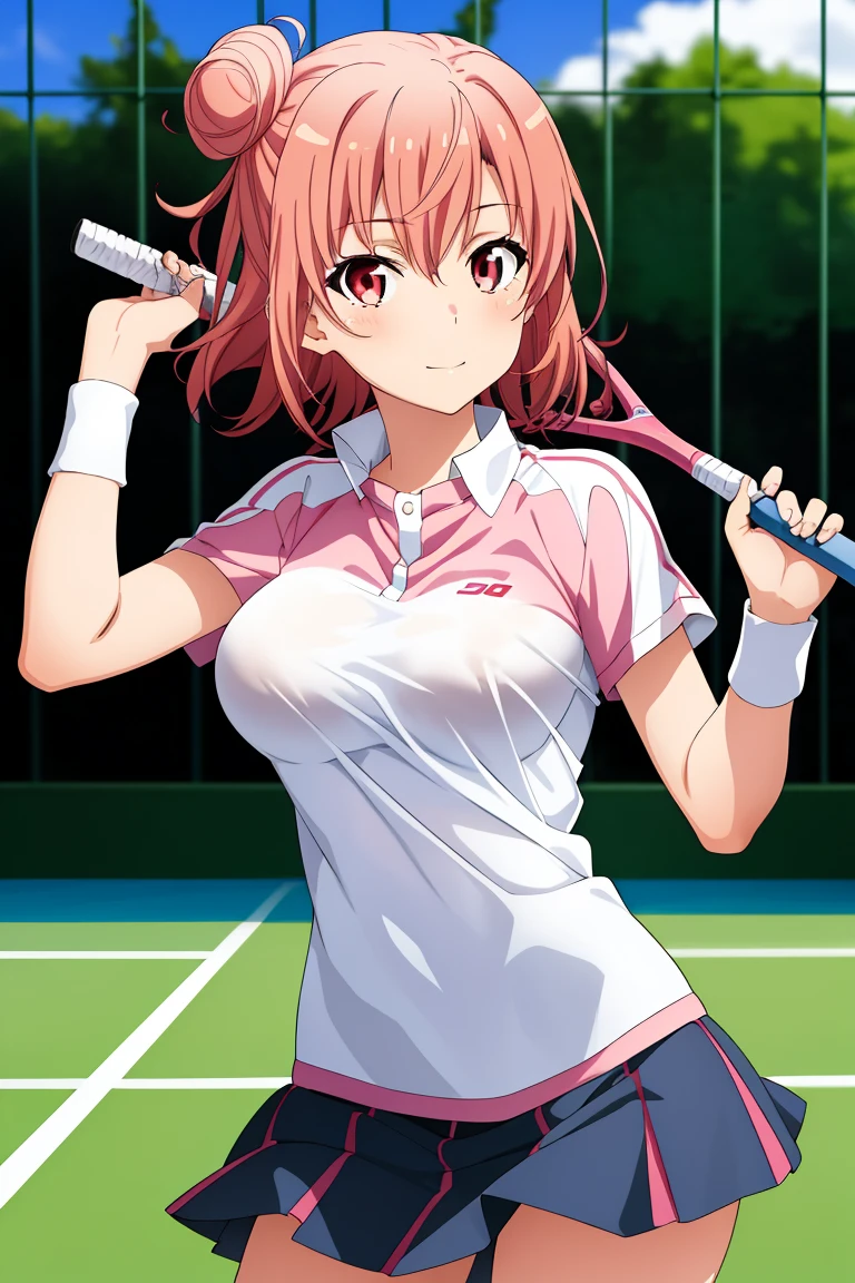 highest quality, High resolution, perfect pixel, Depth of the bounds written, 4k, beautiful anime girl, perfect body,
looking at the viewer,
Yuigahama Yui, 1 girl, short hair, pink hair, hair bun, pink eye,
large breast,
tennis uniform,
cowboy shot,