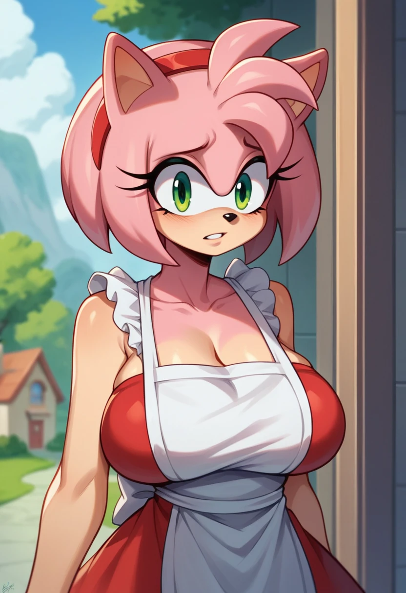 Female Hedgehog, (Amy Rose), (1girl), (solo), hair down, (long wavy hair/quills), large breasts, eyelashes, puzzled expression, (looking downward at herself), house, red dress, white apron, milf, mother-like age, daytime, mobian, mobius city
