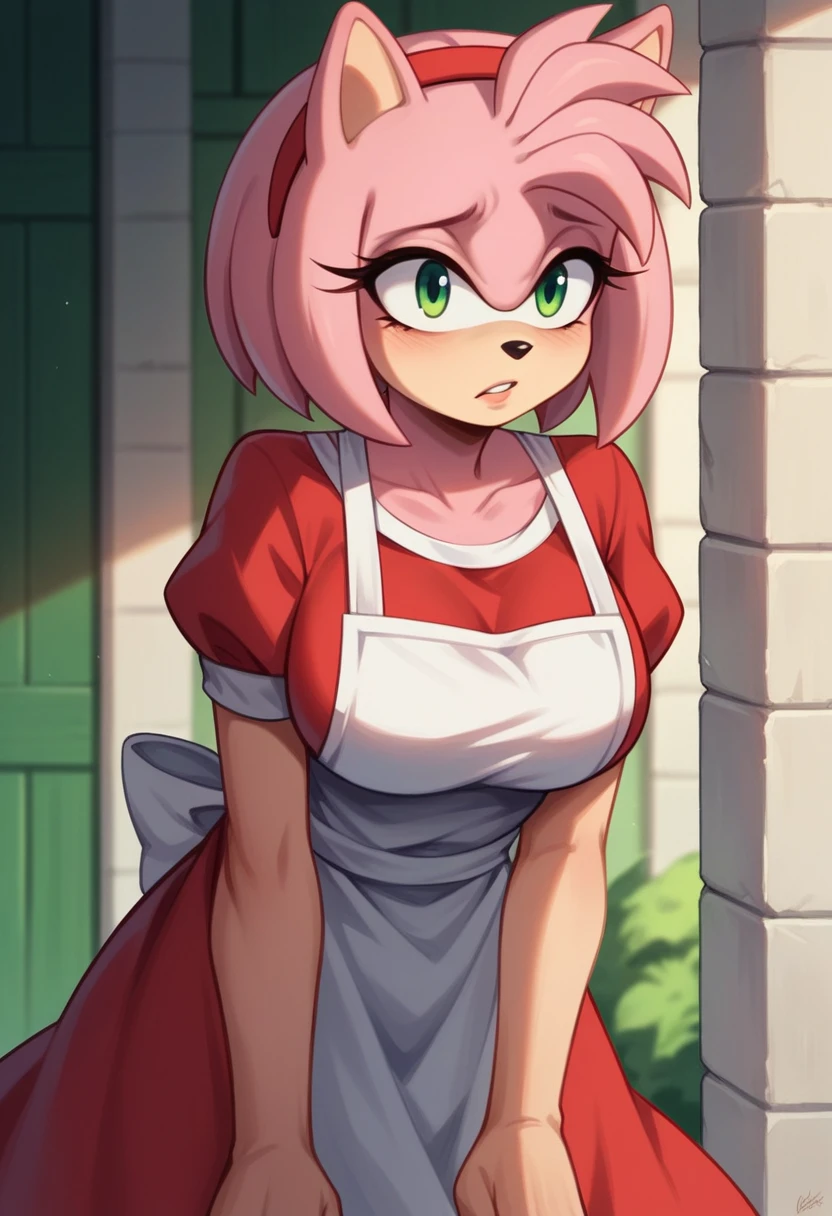 Female Hedgehog, (Amy Rose), (1girl), (solo), hair down, (long wavy hair/quills), large breasts, eyelashes, puzzled expression, (looking downward at herself), house, red dress, white apron, milf, mother-like age, daytime, mobian, mobius city