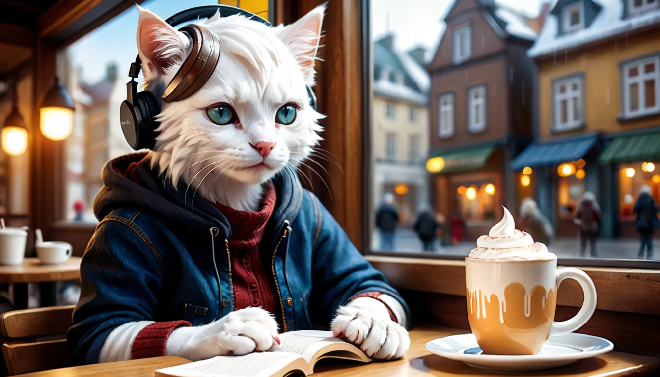 (photo cinematic), (((raining))), anthropomorphic, cute white kitten, casual clothes, sitting by the window in a cafe, drinking hot chocolate, listening to music on headphones, (reading a book), 2D, colorful, warm atmosphere, shiny, Jean-Baptiste Monge style, Alan Lee style