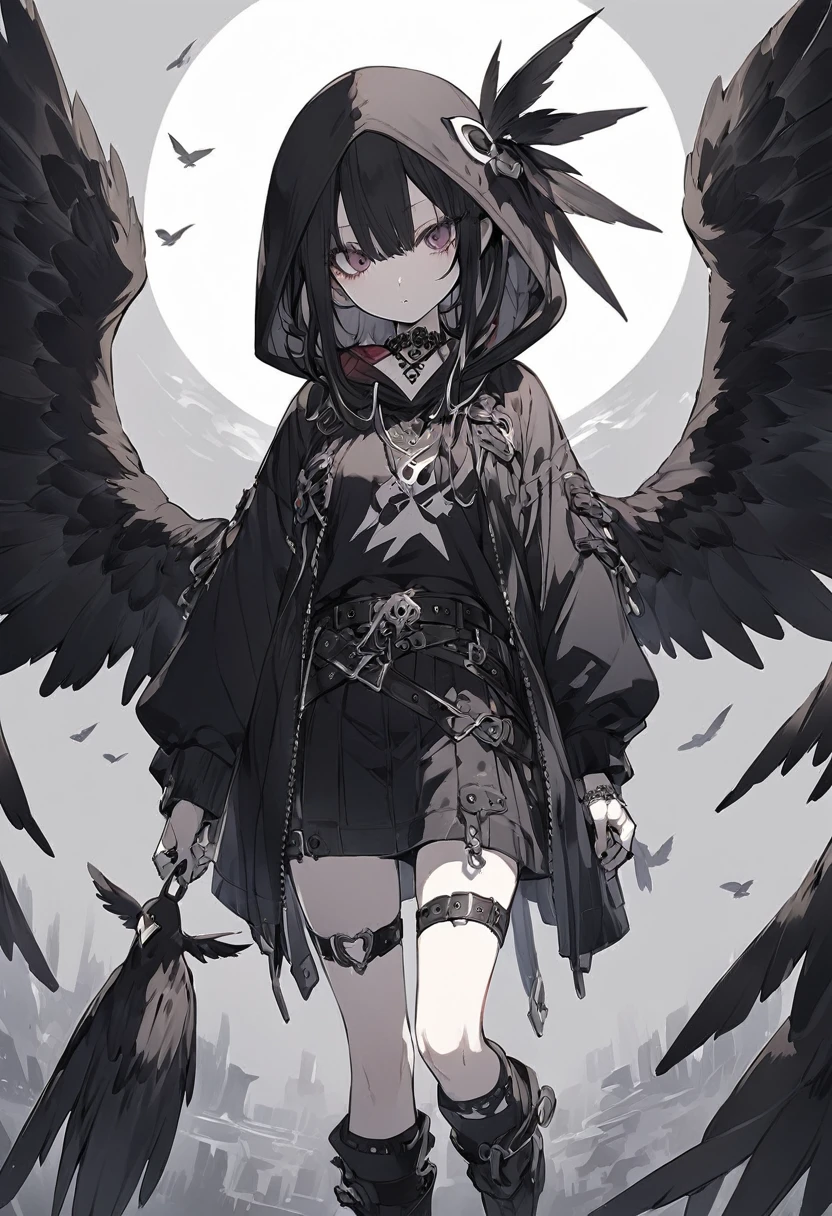 Gothic Harpie Fleeting Bird legs Belt on torso Black hood Character portrait whole body Japanese anime hand drawn illustration