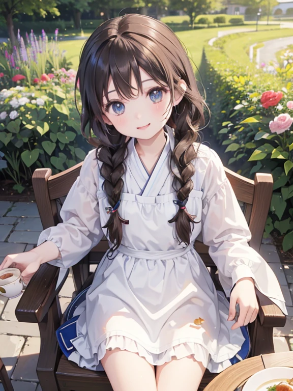 (8K, Highest quality, tableトップ:1.2), Ultra-high resolution, 7--old l, Perfect Fingers, Detailed face, smile, black eye, Brown Hair, (multiple braids:1.5), Blue Apron Dress, garden, flower bed, table, tableクロス, Black tea, Tea cup, cake, Sit on a chair, Black teaを飲む