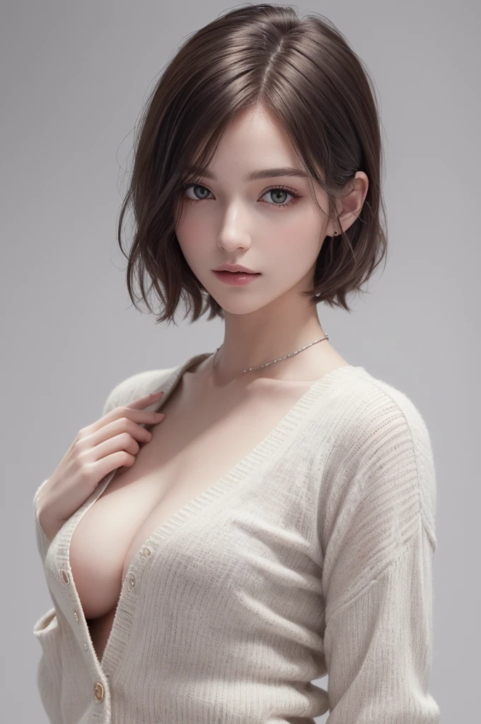 8K Ultra HD、RAWphotograph、モデルphotograph撮影、 European Fashion、(masterpiece、Highest quality、Realistic、High resolution、photograph:1.3)、close、focus on、Hot Model、slim、30 year old mature woman、Small face、No makeup、short hair、Beautiful dark brown Hayne eyes、Genuineスキン、(Perfect body)、Sexy hot face、erotic、sexual sight、slim、cardigan、Long sleeve、Beautiful eyes in every detail、Glossy lips、Small breasts、Small breasts、((Bright light、Dynamic Lighting、Genuine、超Genuine、 realism、Genuineなディテール、Cool Beauty、Cool pose、Background white、Plain white background