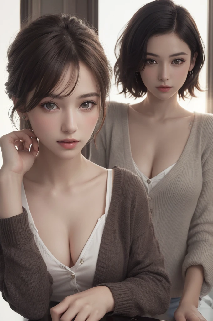8K Ultra HD、RAWphotograph、モデルphotograph撮影、 European Fashion、(masterpiece、Highest quality、Realistic、High resolution、photograph:1.3)、close、focus on、Hot Model、slim、30 year old mature woman、Small face、No makeup、short hair、Beautiful dark brown Hayne eyes、Genuineスキン、(Perfect body)、Sexy hot face、erotic、sexual sight、slim、cardigan、Long sleeve、Beautiful eyes in every detail、Glossy lips、Small breasts、Small breasts、((Bright light、Dynamic Lighting、Genuine、超Genuine、 realism、Genuineなディテール、Cool Beauty、Cool pose、Background white、Plain white background