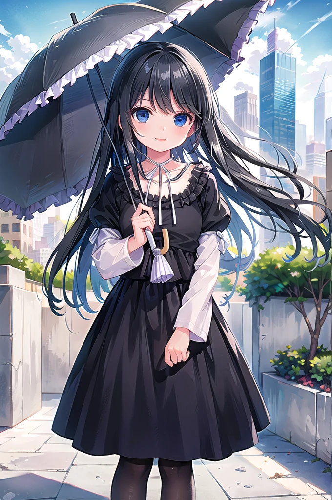 masterpiece, Highest quality, High resolution, ltra-detailed, Details,One girl, Black dress neck ribbon with umbrella, Skyscraper rooftop, smile, Outdoor, Black Pantyhose