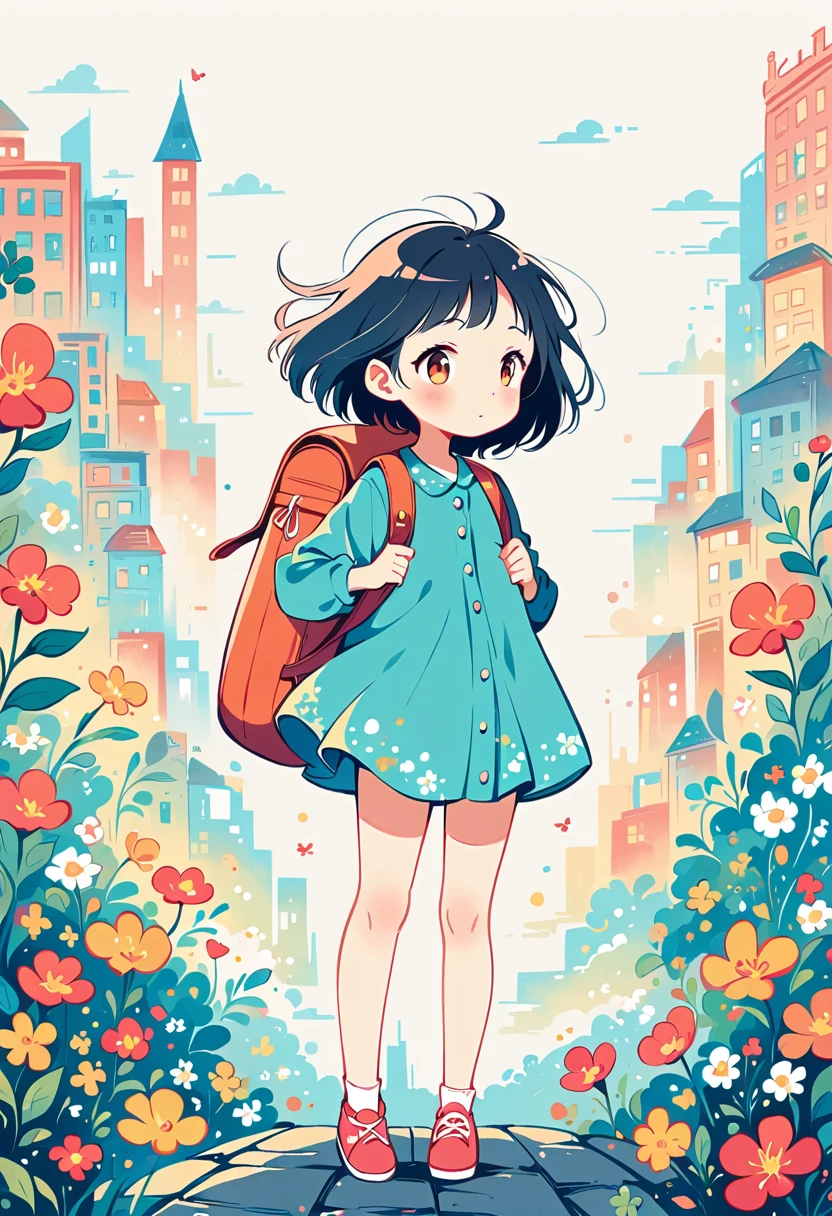 Standing on the roof，Girl with backpack on the roof，The backpack is filled with the joy of spring，Simple lines，Abstract Art，City background