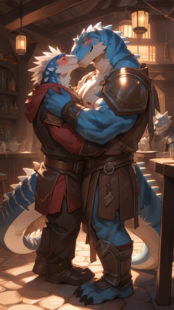 , male, standing, fantasy armor, fantasy town, cillage, tavern, tyrannosaurus, dinosur, carnivore, huge sharp teeth, massive, enormous, tall, huge, wide, thick, buff, giant biceps, huge pecs, muscular, big bulge, by bebebebebe, smirking, smug expression, big tail, thick tail, evil grin, erection, by darkgem, steam, sweat, kissing, kiss, blushing, blush, bashful