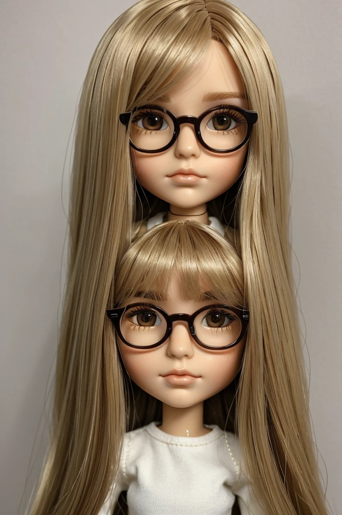 ((best quality)), ((masterpiece)), (detailed),
Blythe doll. Brown eyes. medium length hair. Straight hair with hair parting in the center of the head. blonde balayage hair color. White skin. glasses