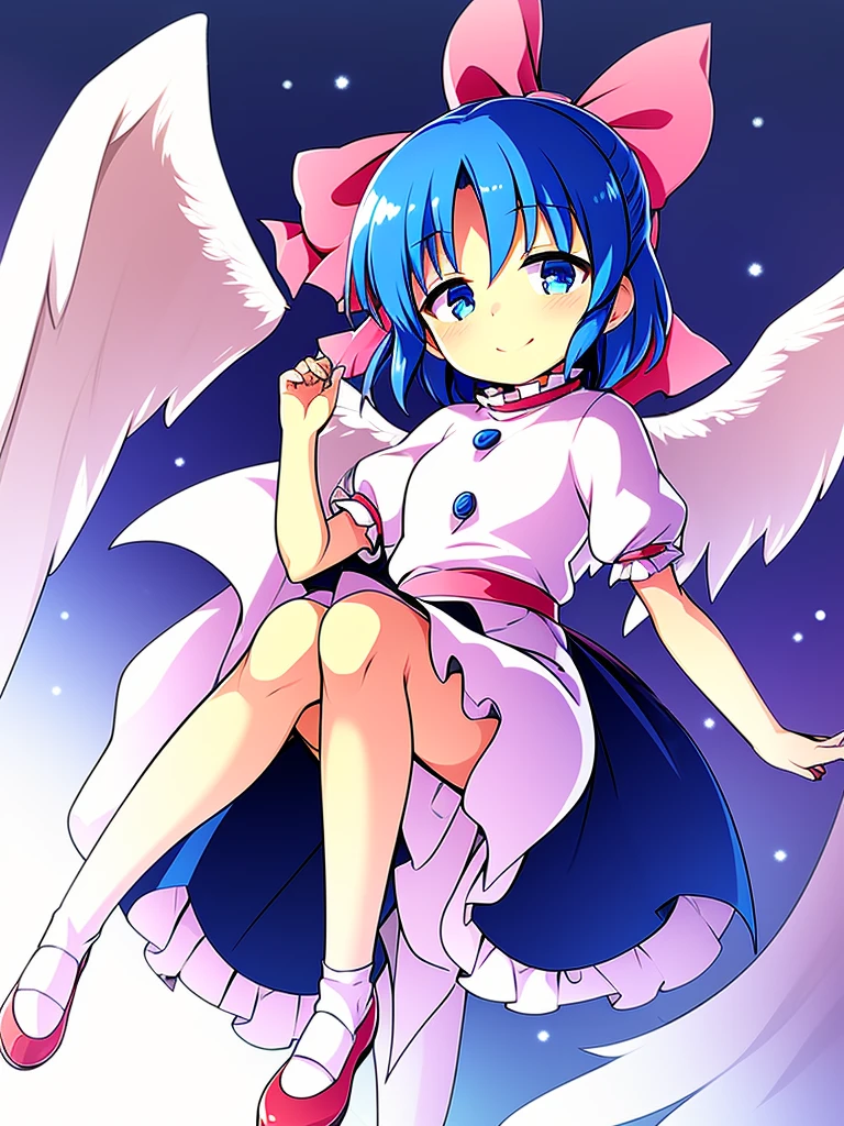 masterpiece, best quality, 1girl, , , , medium blue hair, hair flaps, pink ribbon on head, well-formed face, blue eyes, angel girl, white blouse, puffy short sleeves, red ribbon, angel wings, long white skirt, red shoes, frills, ribbon head