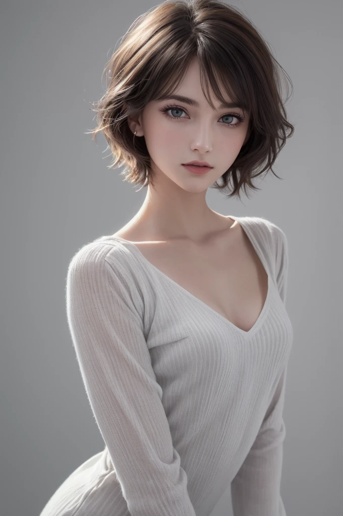 (masterpiece, highest quality, photorealistic, High resolution, photograph, :1.3), close up shot, sharp focus, (1 brunette girl, european girl, hot models), realistic skin, (slim body shape, perfect body, beautiful navel, thin waist, cleavage), short hairstyle, highly detailed hair, delicate and sexy face, sexual gaze, glossy lips, ((Wearing a Violet drawstring front (magenta) T-shirt, wearing a pendant)), Squatting, ((bright light, dynamic lighting, realistic, super realistic, realism, realistic detail))、Gray background