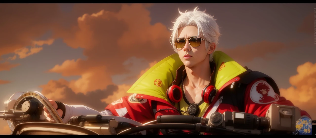 Anime, realistic, 1boy handsome, Korea, white hair, 4k quality, Wear sunglasses