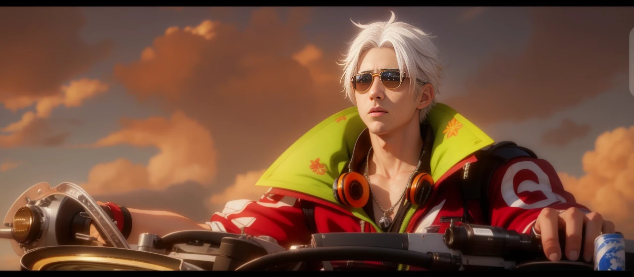 Anime, realistic, 1boy handsome, Korea, white hair, 4k quality, Wear sunglasses