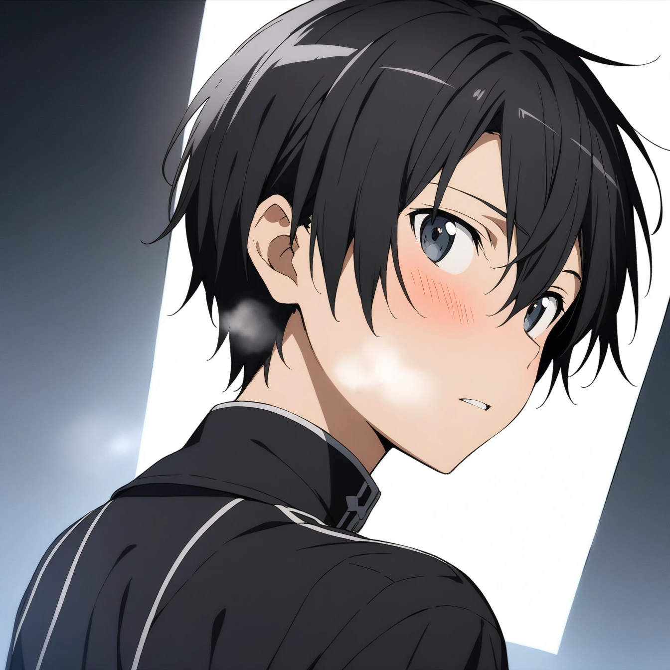 1 boy, Kazuto Kiritani,Kirito,Sword Art Online,alone, viewer, pure white background, blush, black eyes,eyes glow, breathing, avatar, half body, comic style colorless, angle, masterpiece, best quality,black clothing,