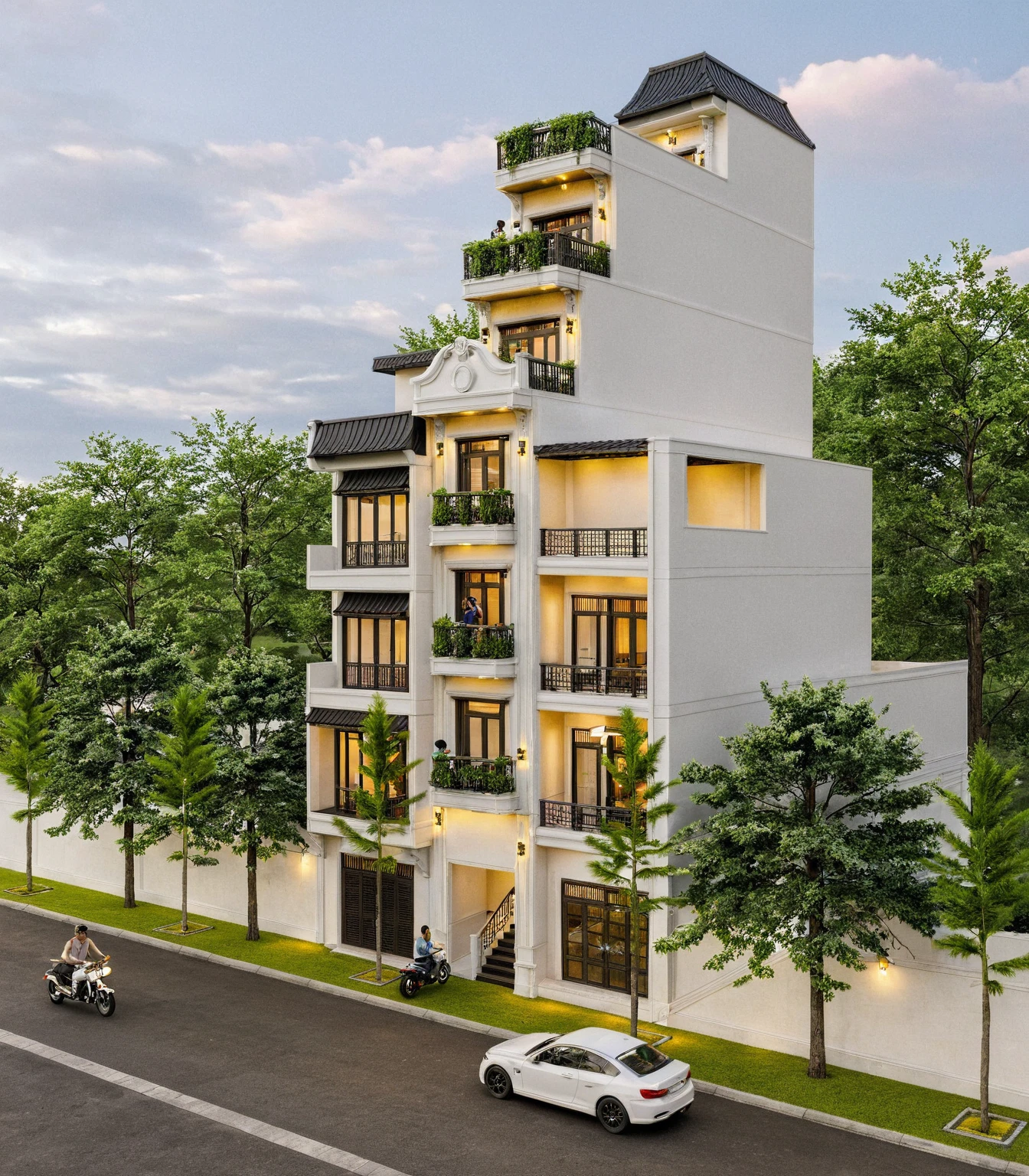 Raw photo,Masterpiece, high quality, best quality, authentic, super detail,
exterior, outdoors, house style indochine on the street ,aiaigroup, car, moto bike, girl, human, man
road,pavement, grass, trees, sky, cloud, (day:1.1)