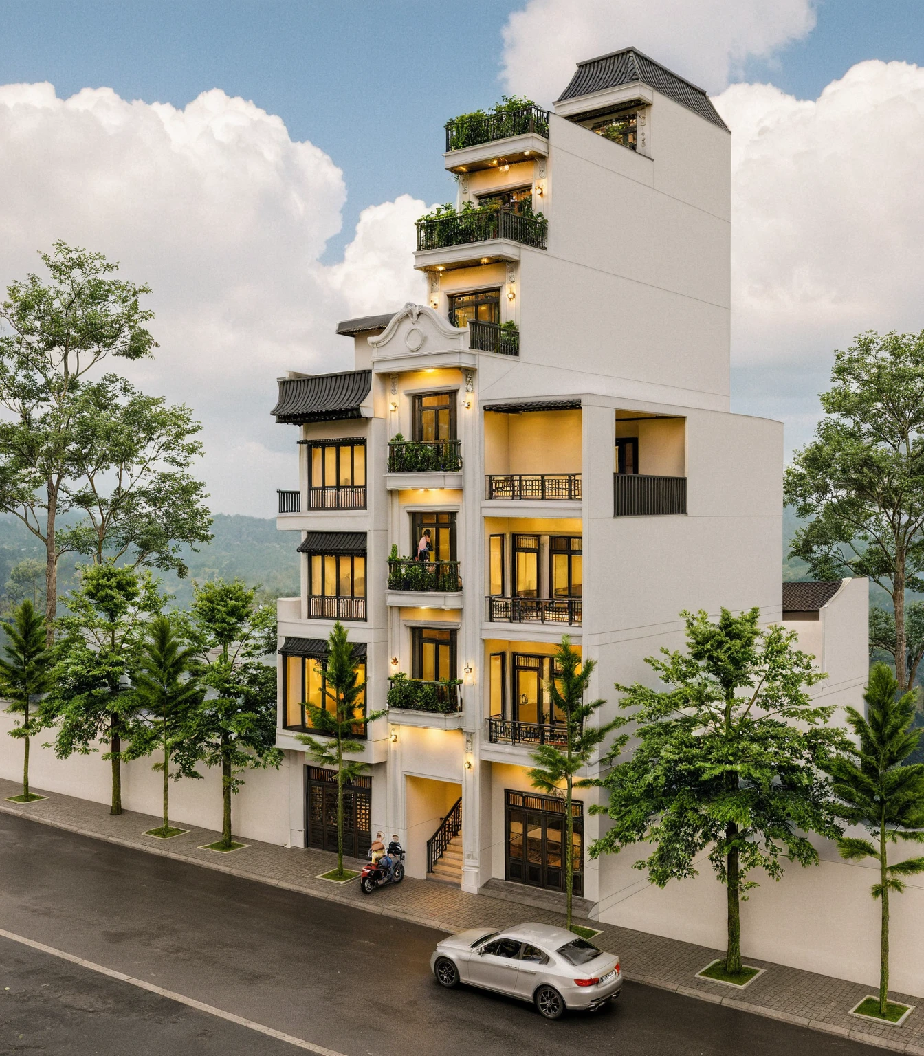 Raw photo,Masterpiece, high quality, best quality, authentic, super detail,
exterior, outdoors, house style indochine on the street ,aiaigroup, car, moto bike, girl, human, man
road,pavement, grass, trees, sky, cloud, (day:1.1)