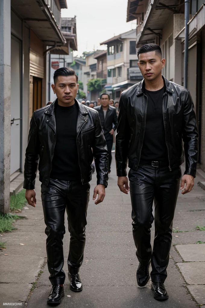 A handsome 35 year old Indonesian mafia boss is walking with his handsome 3 year old boy, wearing a shiny black leather jacket, Undercut hair is combed neatly, background of a group of mafia people, real photo, clear photo, professional photo, full HD, 4k